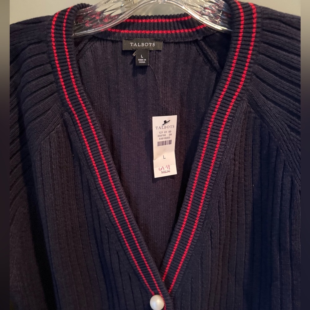 NWT Talbots Navy V-Neck Cardigan w Red Trim and Faux Pearl Accents SZ L - Picture 12 of 13